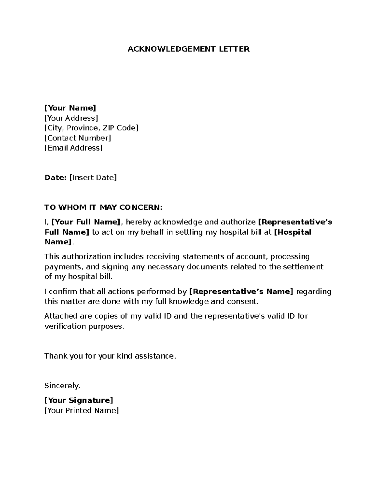 Acknowledgement Letter FOR Allowing A Person TO BE Representative FOR ...