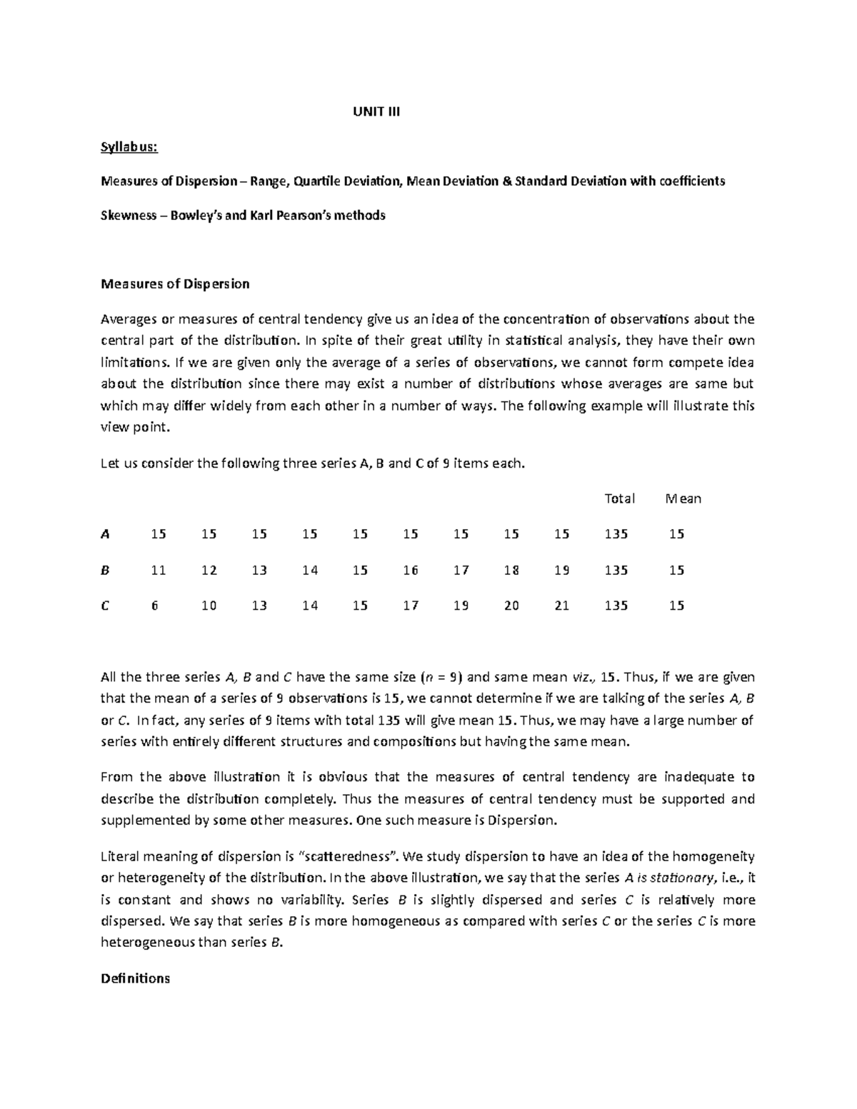 Business Statistics BUS 302 - UNIT 3 Lecture Notes on Dispersion - Studocu