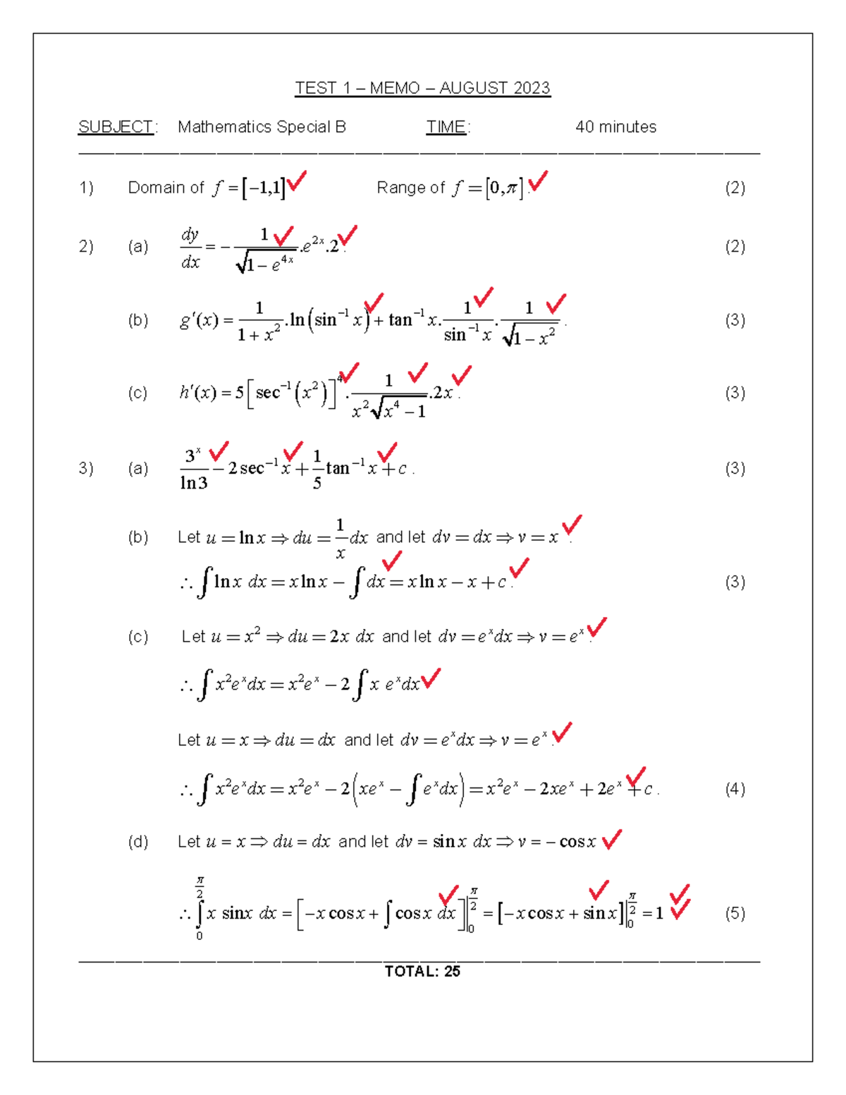 Mathematics Special B - Test 1 Memo - August 2023 - Studocu