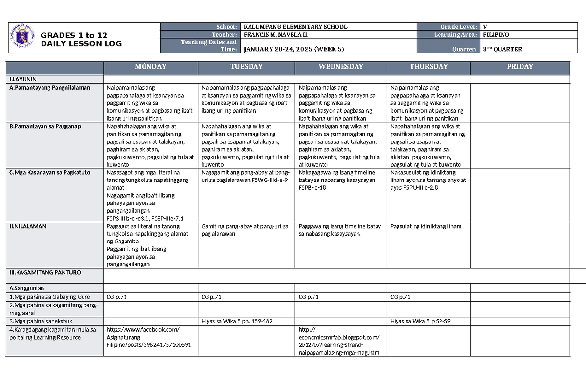 DLL Filipino 5 Q3 W5 - GRADES 1 to 12 DAILY LESSON LOG School ...