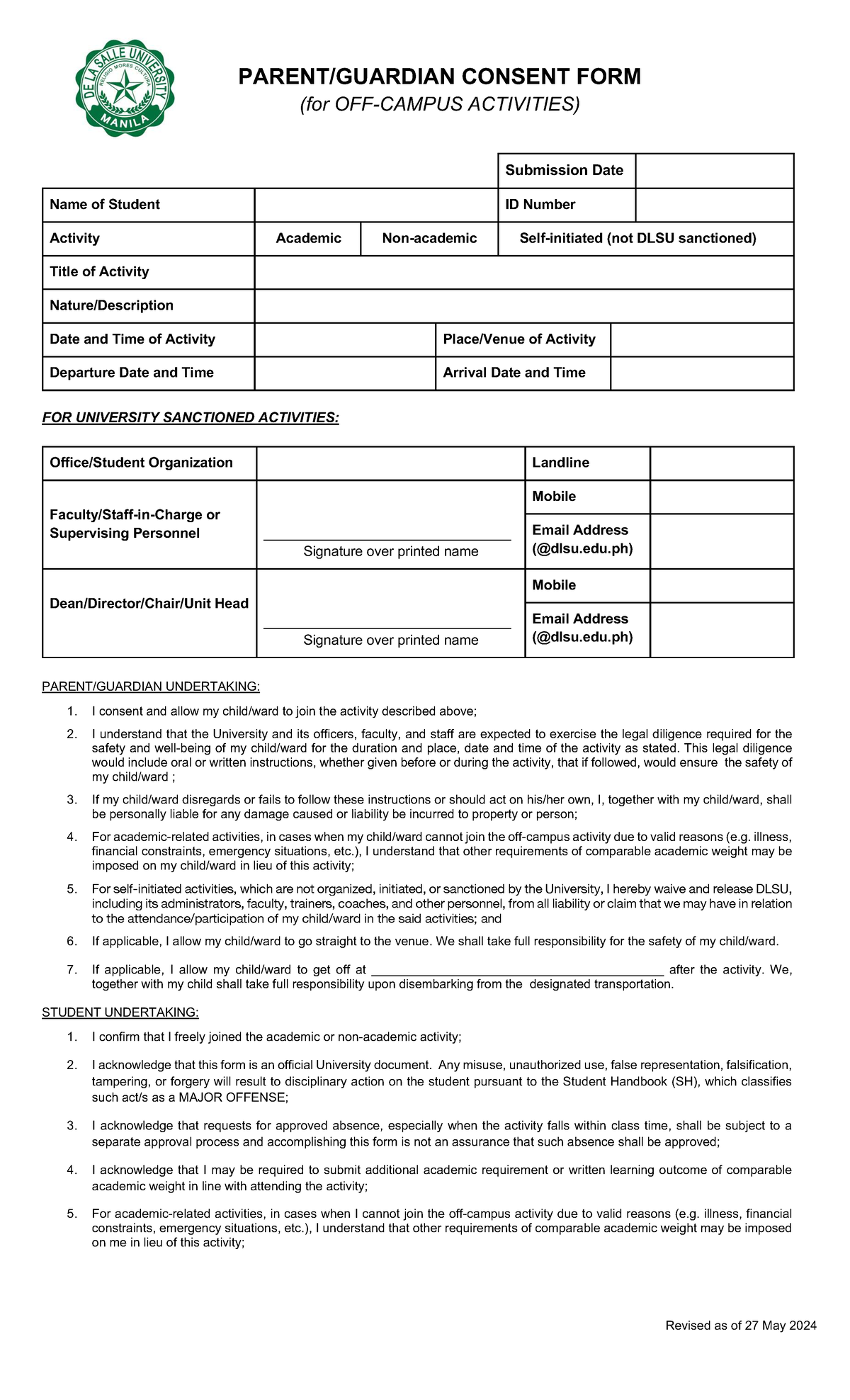 DLSU Parents/Guardians Consent Form for Activities - Studocu