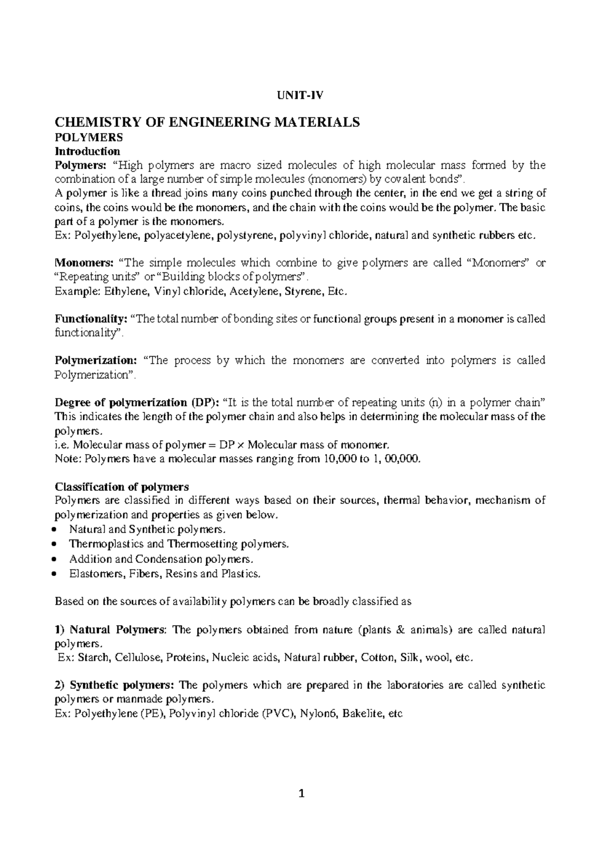 UNIT-IV Engineering Materials: Polymers and Liquid Crystals Overview ...
