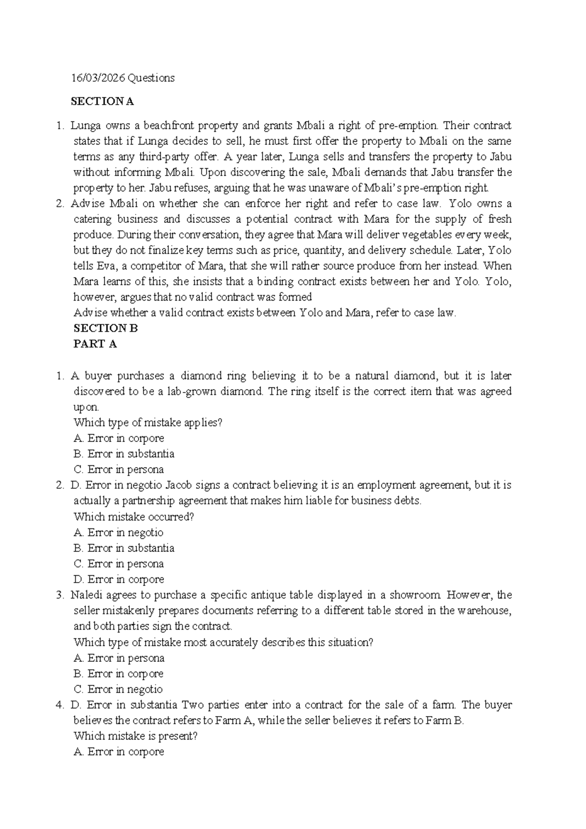 16032026 Tutorial Questions: Contract Law & Mistakes Analysis - Studocu