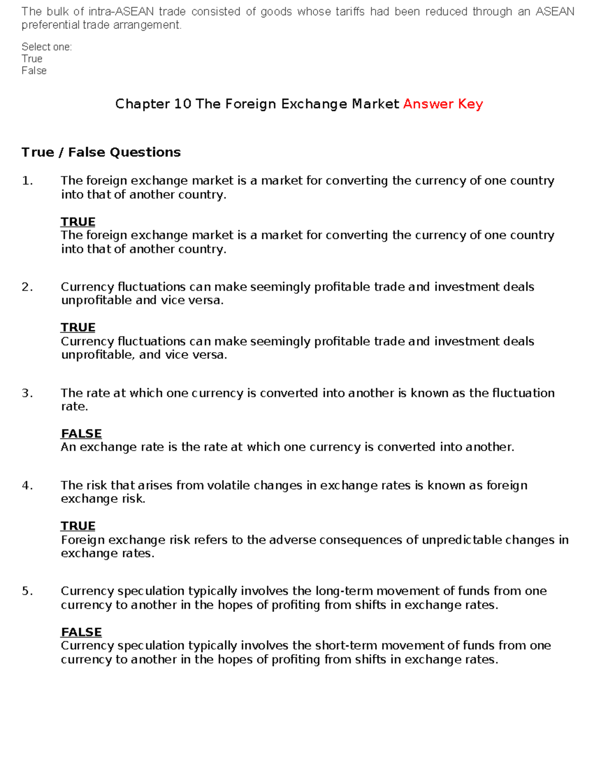 IB Testbank Chapter 10: Foreign Exchange Market True/False Answers ...