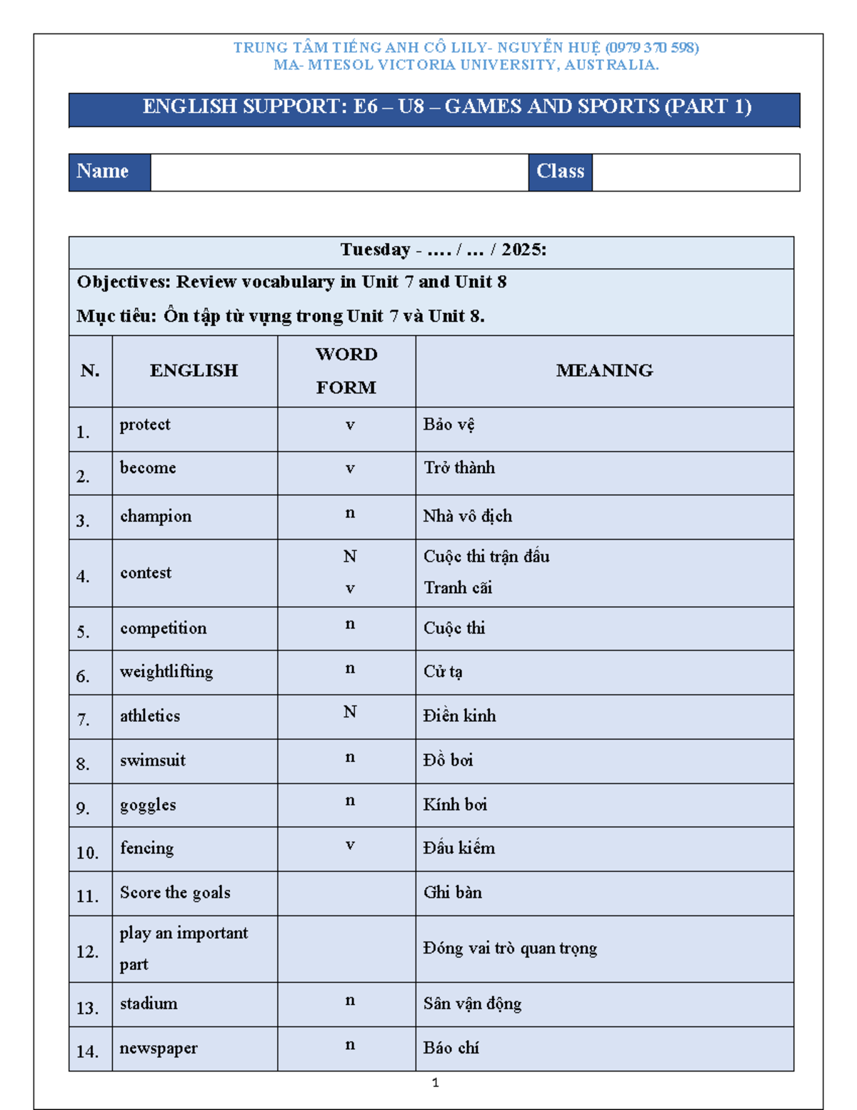 English Support 6 - Unit 8 - Vocabulary and Grammar Review - Studocu