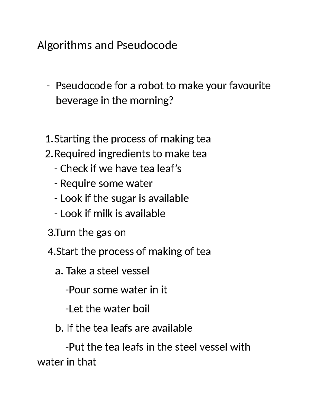 CP4P History Activity: Algorithms & Pseudocode for Tea Making - Studocu