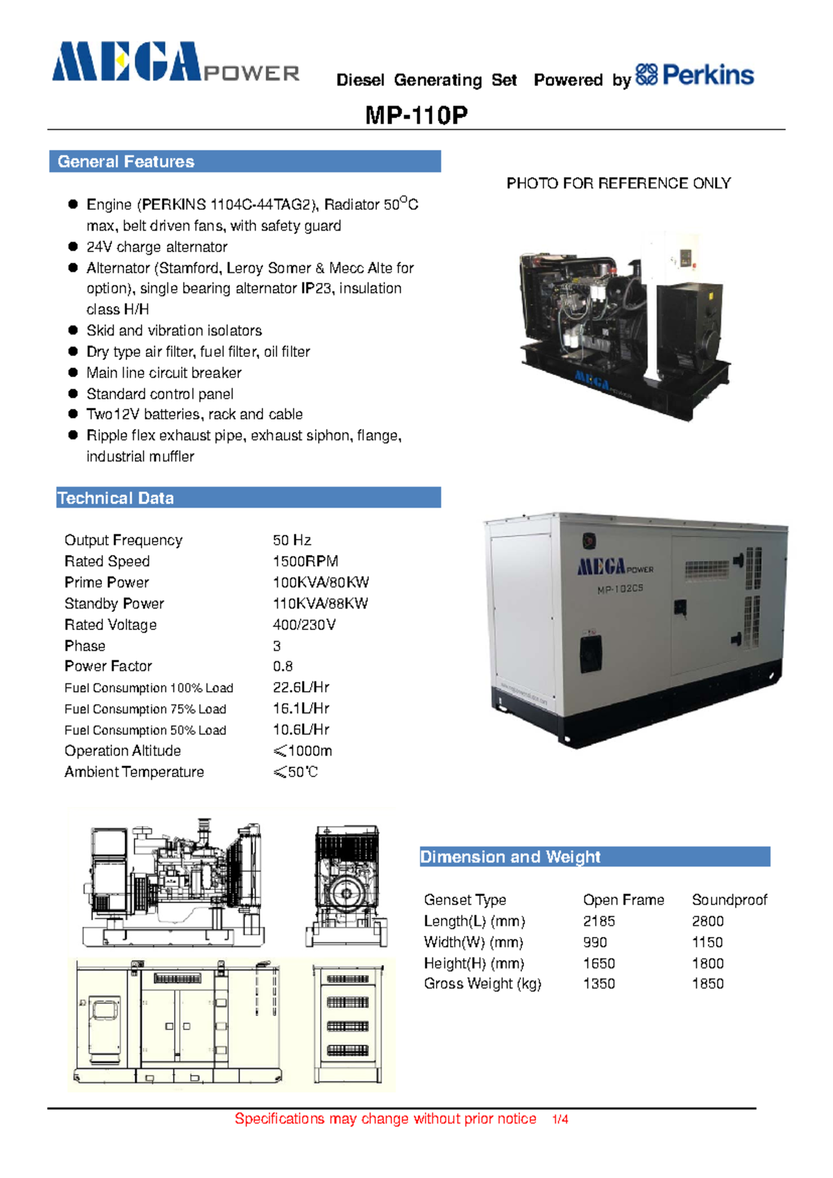 MP-110P - Diesel Generator Specifications and Features Overview - Studocu