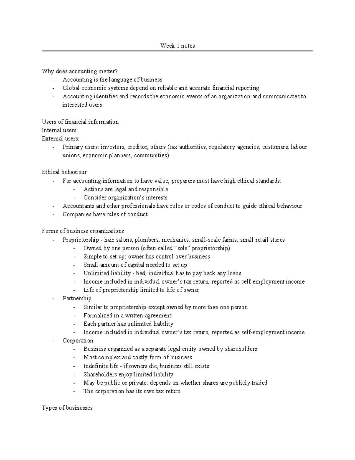 W1 - ACC & FIN - Week 1 Lecture Notes: Importance of Accounting - Studocu
