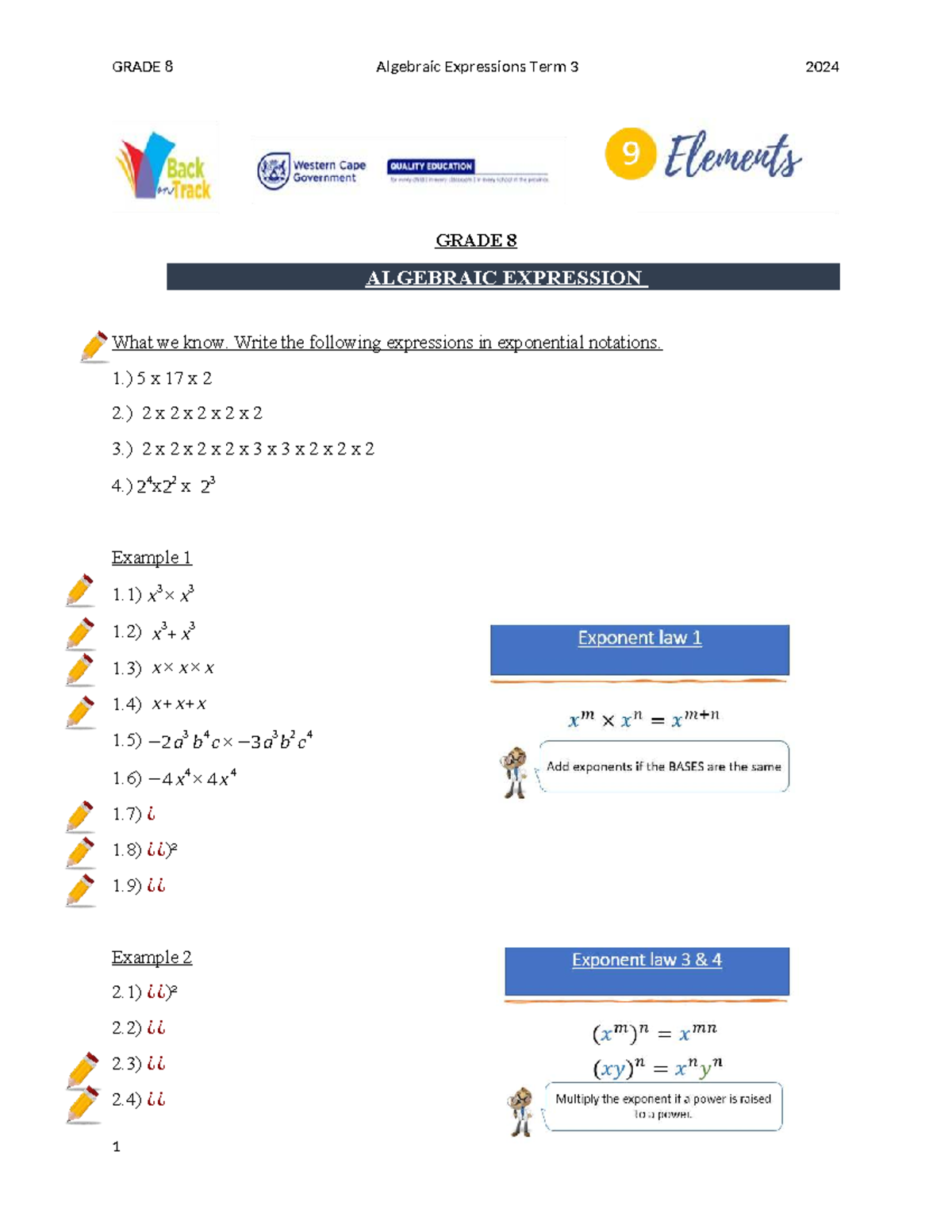 GRADE 8 Mathematics BOT - Algebraic Expressions Learner Notes Term 3 ...