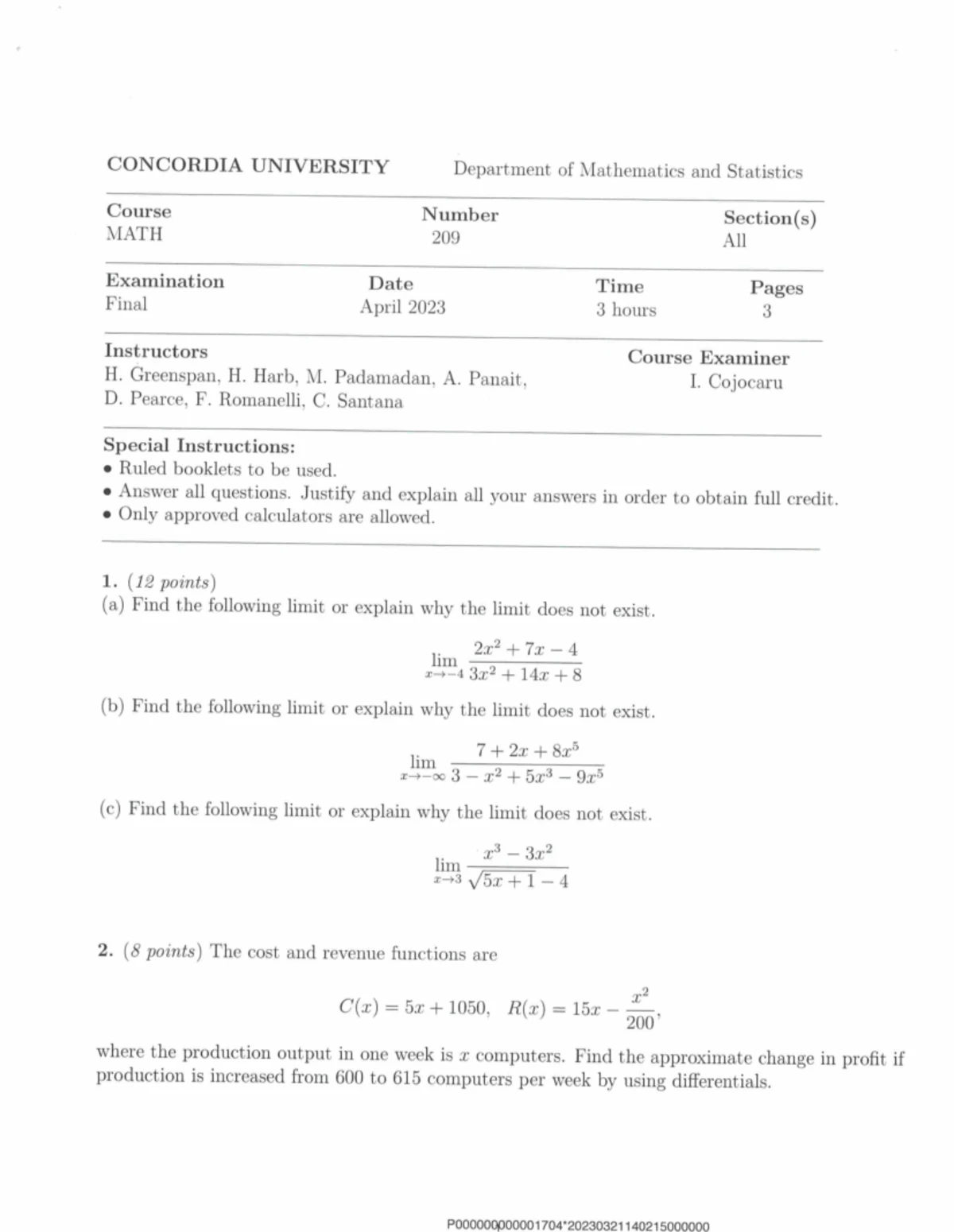 Math 209 Midterm Exam Fall 2023 - Limits and Derivatives - Studocu