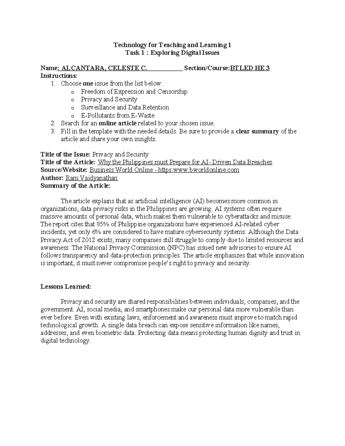 HE 3 Task 1: Exploring Privacy & Security in Digital Issues - Studocu