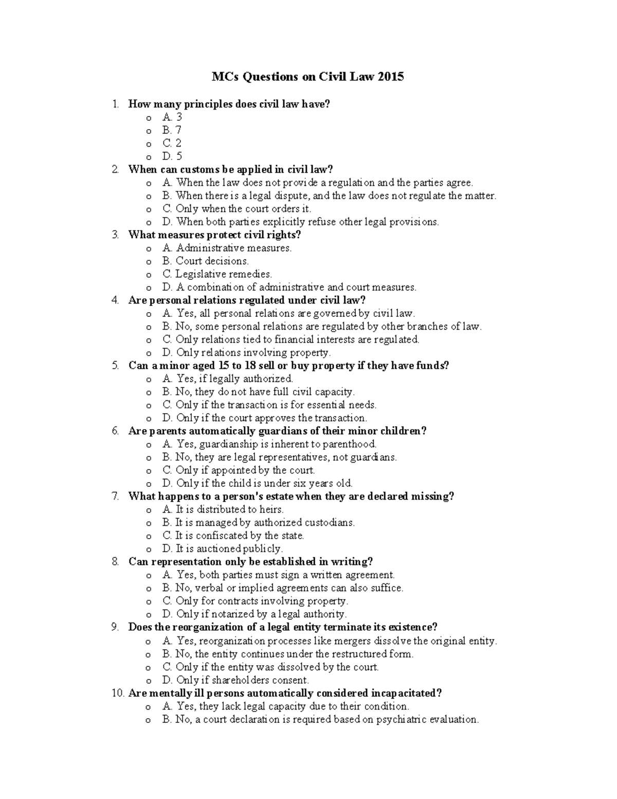 MCQs on Civil Law 2015 - Comprehensive Question Set - Studocu