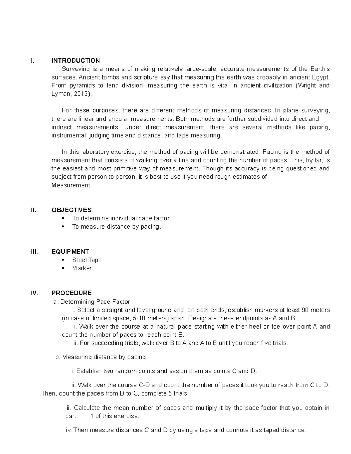 LAB 1: Pacing Method for Distance Measurement in Surveying - Studocu