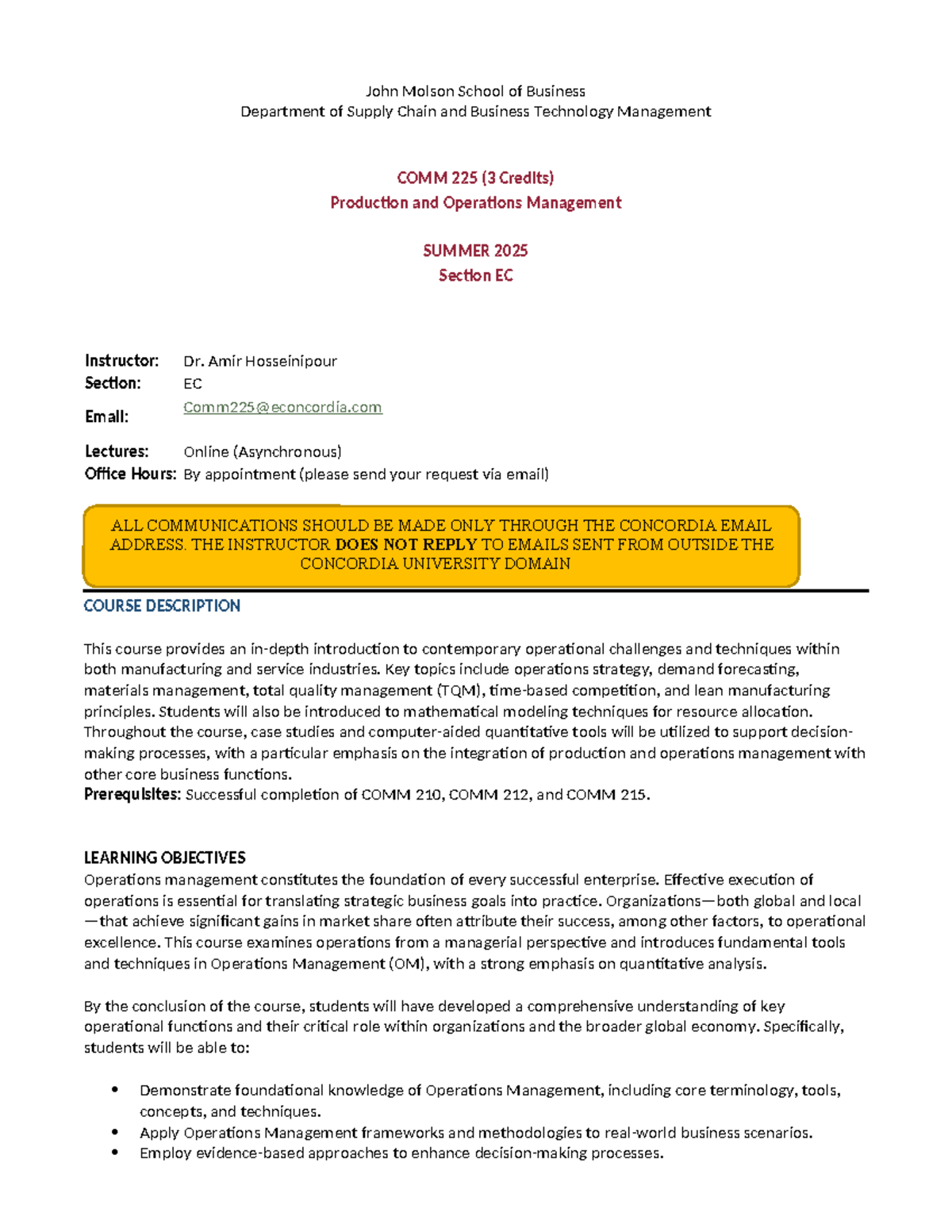 COMM 225 Summer 2025 Course Outline: Production & Operations Management ...