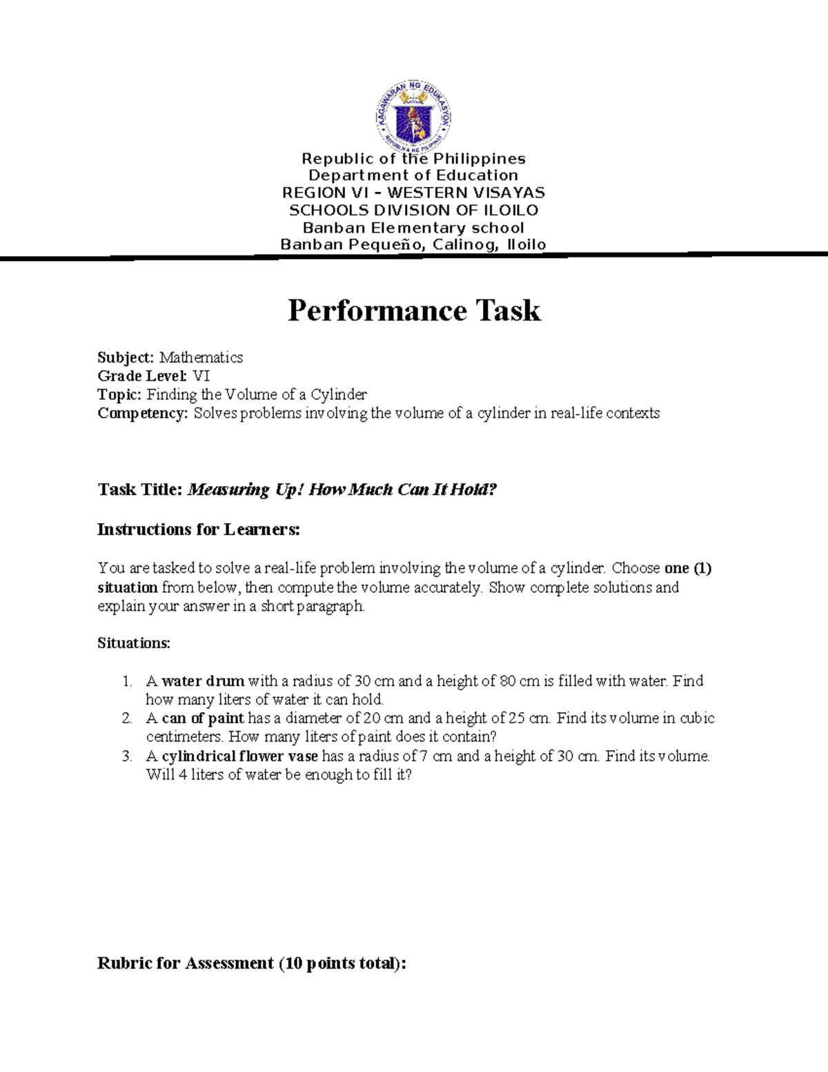 Mathematics Performance Task VI: Volume of a Cylinder (2023-2024) - Studocu