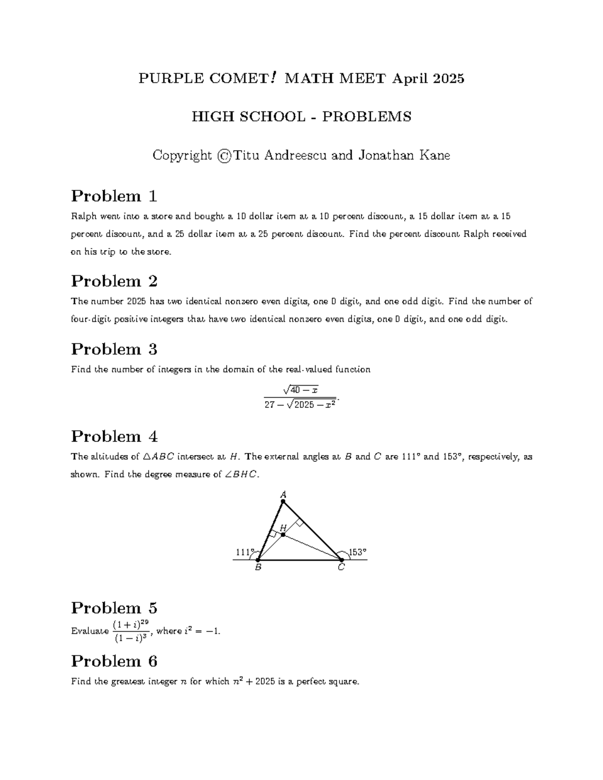 PURPLE COMET! MATH MEET 2025: High School Problems & Solutions - Studocu