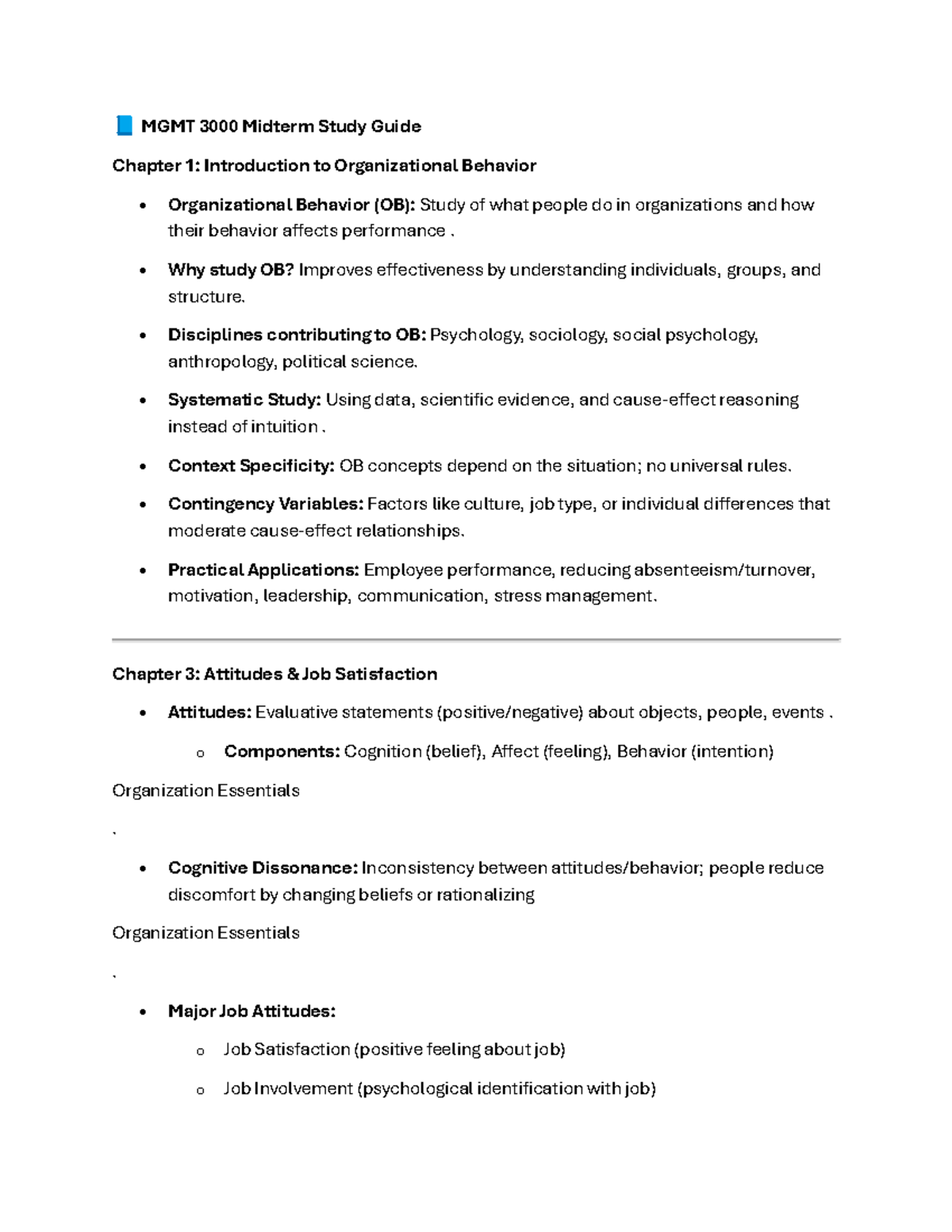 MGMT 3000 Midterm Study Guide: Key Concepts in Organizational Behavior ...