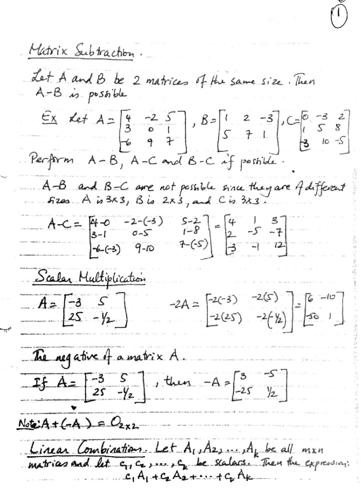 Matrix Operations and Linear Combinations - Notes for Course 1 - Studocu