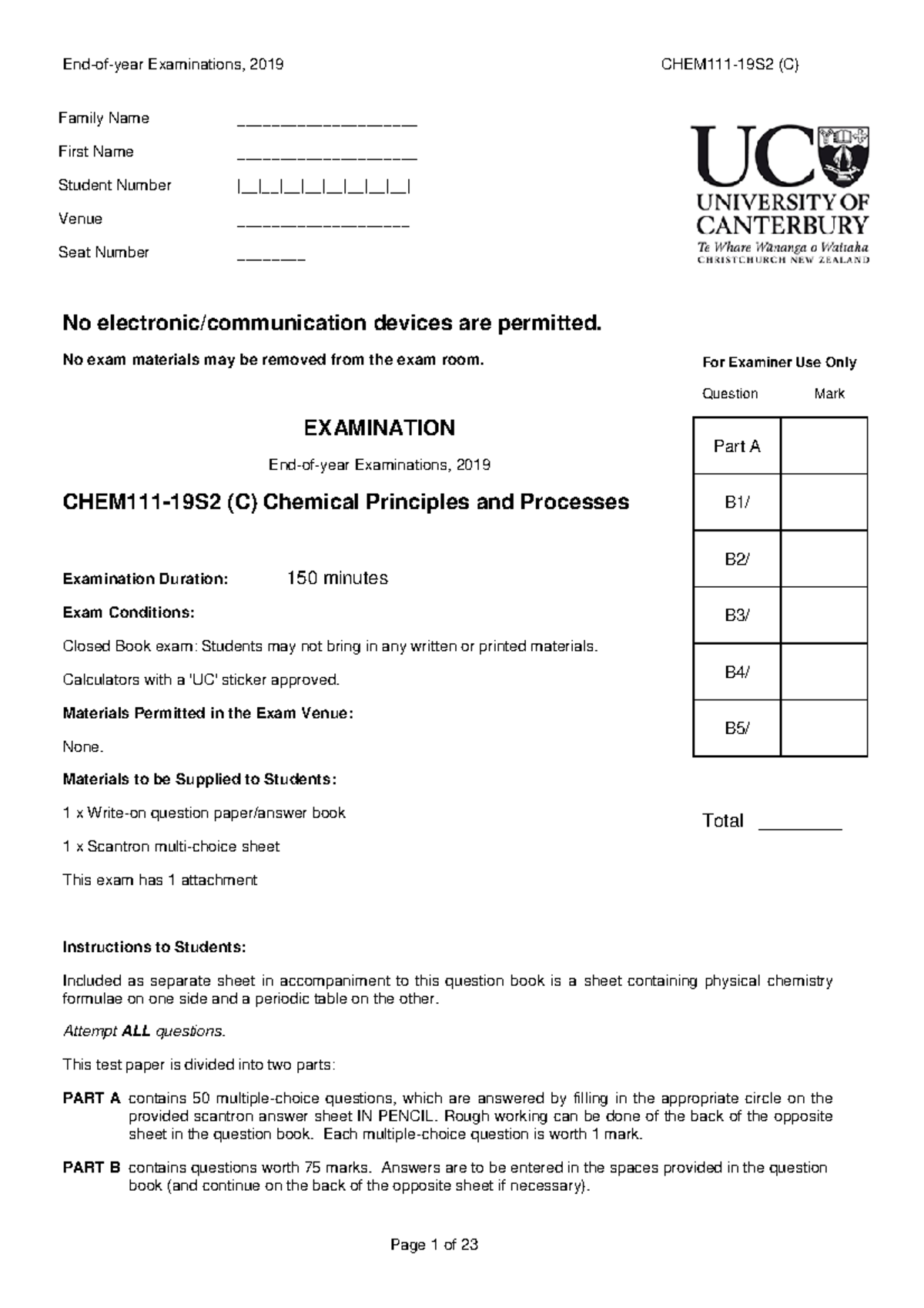 CHEM111 2019 S2 Final Exam - Past Paper with MCQs and Answers - Studocu