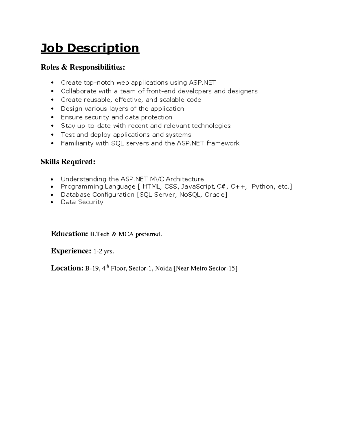 Job Description [ ASP.net Developer ] - Job Description Roles ...