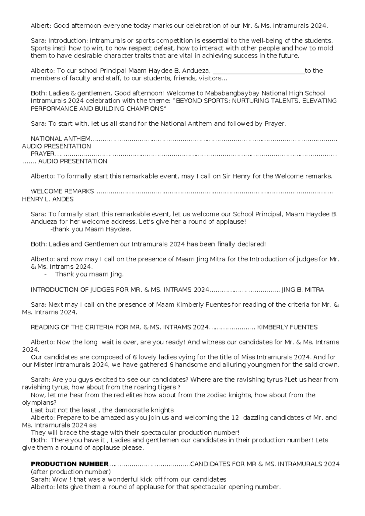 Intramurals 2024 Celebration Script: Mr. & Ms. Intramurals Event - Studocu