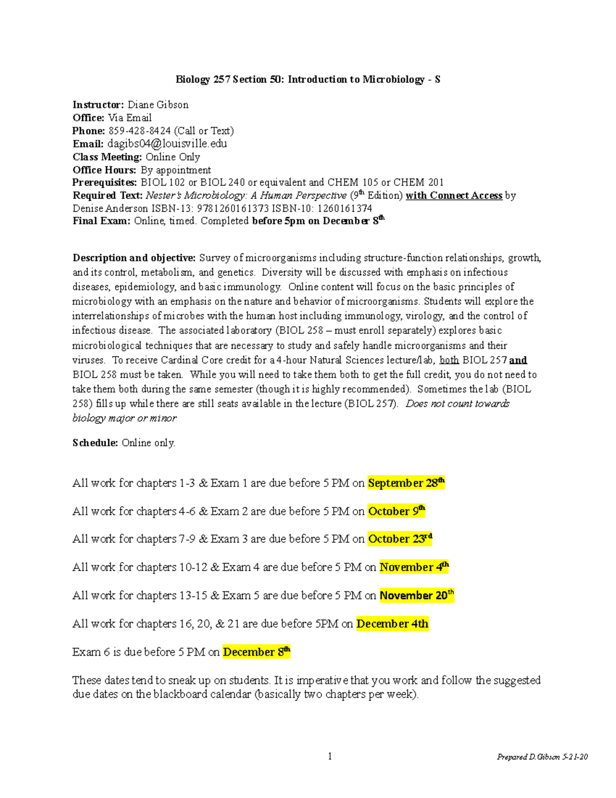 Biol 257 Syllabi Fall 20 Gibson - Biology 257 Section 50: Introduction ...