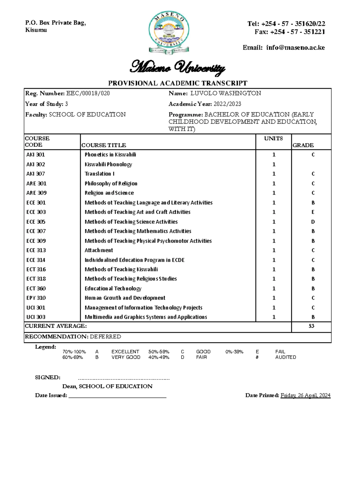 Provisional Academic Transcript for Bachelor of Education (EEC 0001 ...