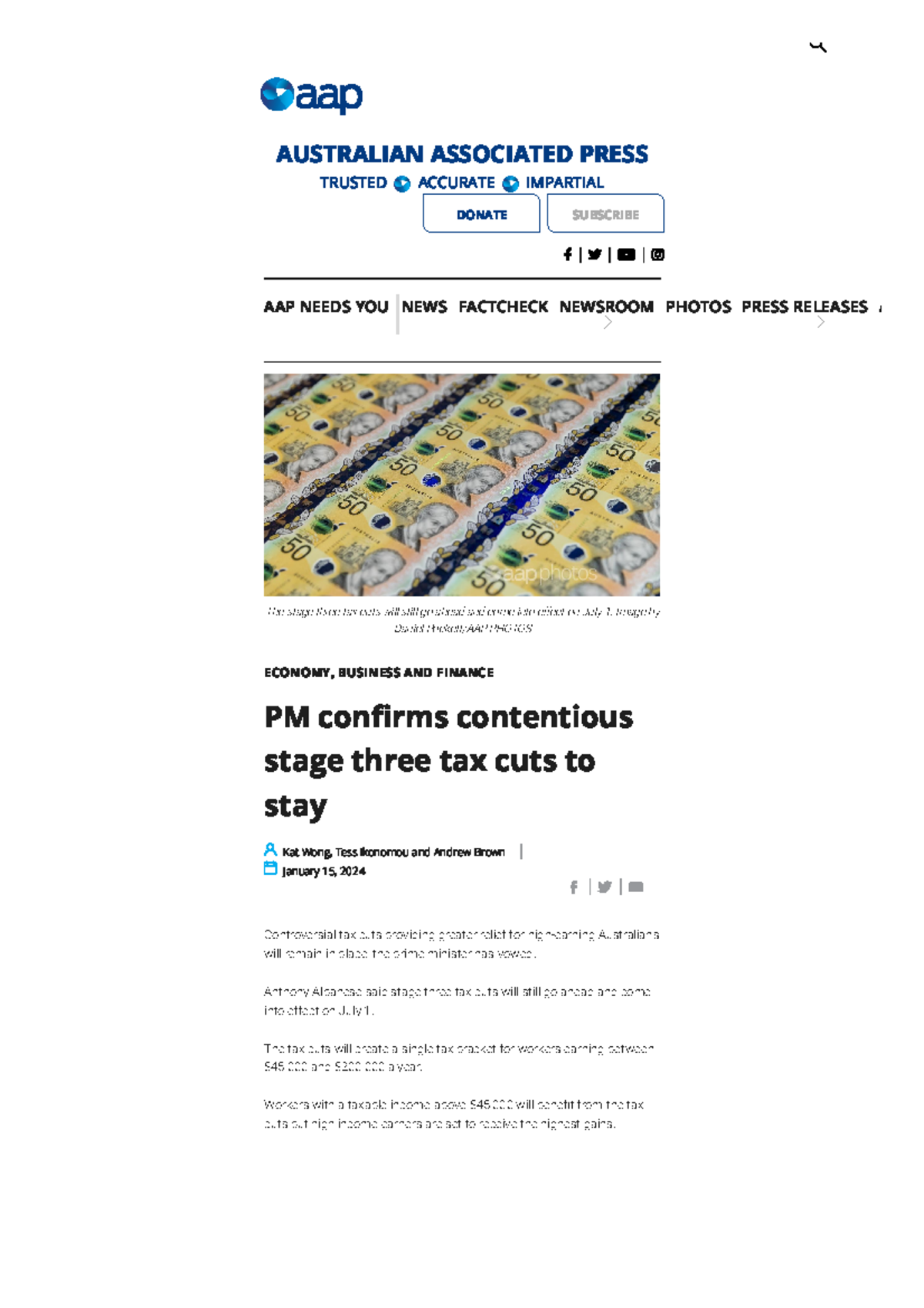 PM Confirms Stage 3 Tax Cuts Will Proceed as Planned – AAP News - Studocu