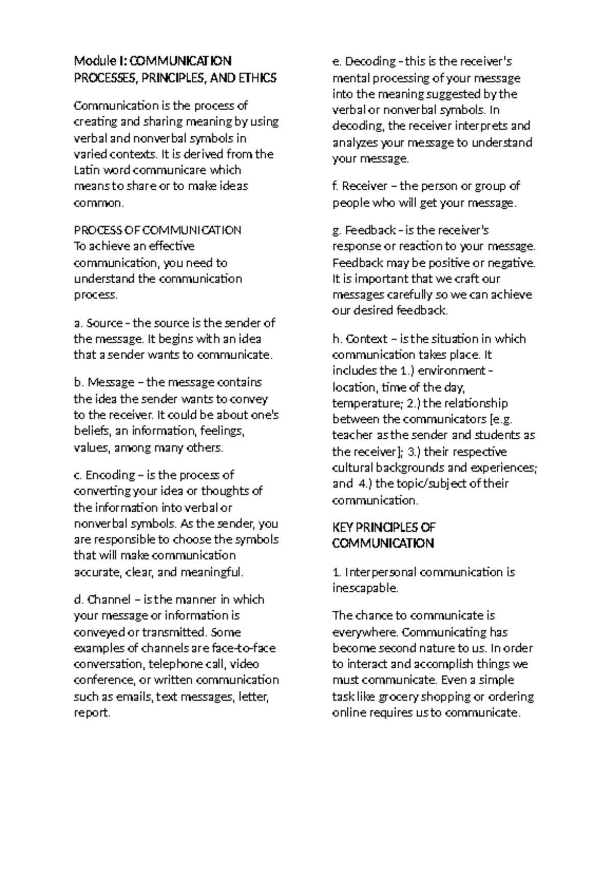 Module I: COMM 101 - Communication Processes, Principles & Ethics - Studocu