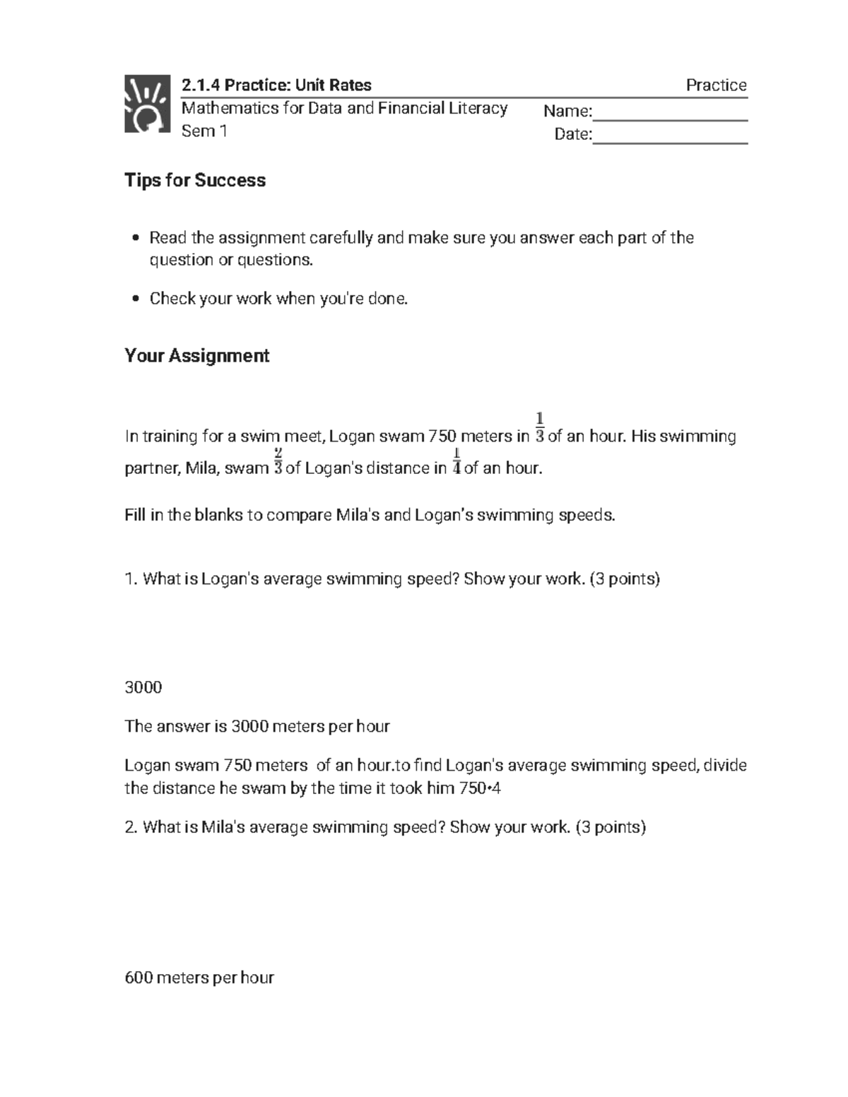 2.1.4 Practice: Unit Rates in Math for Data & Fin Lit Sem 1 - Studocu