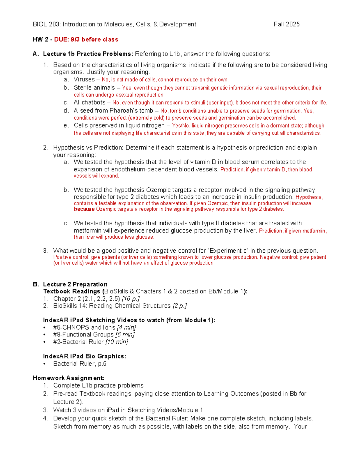 BIOL 203: Lecture 1b Practice Problems & HW Prep Fall 2025 - Studocu