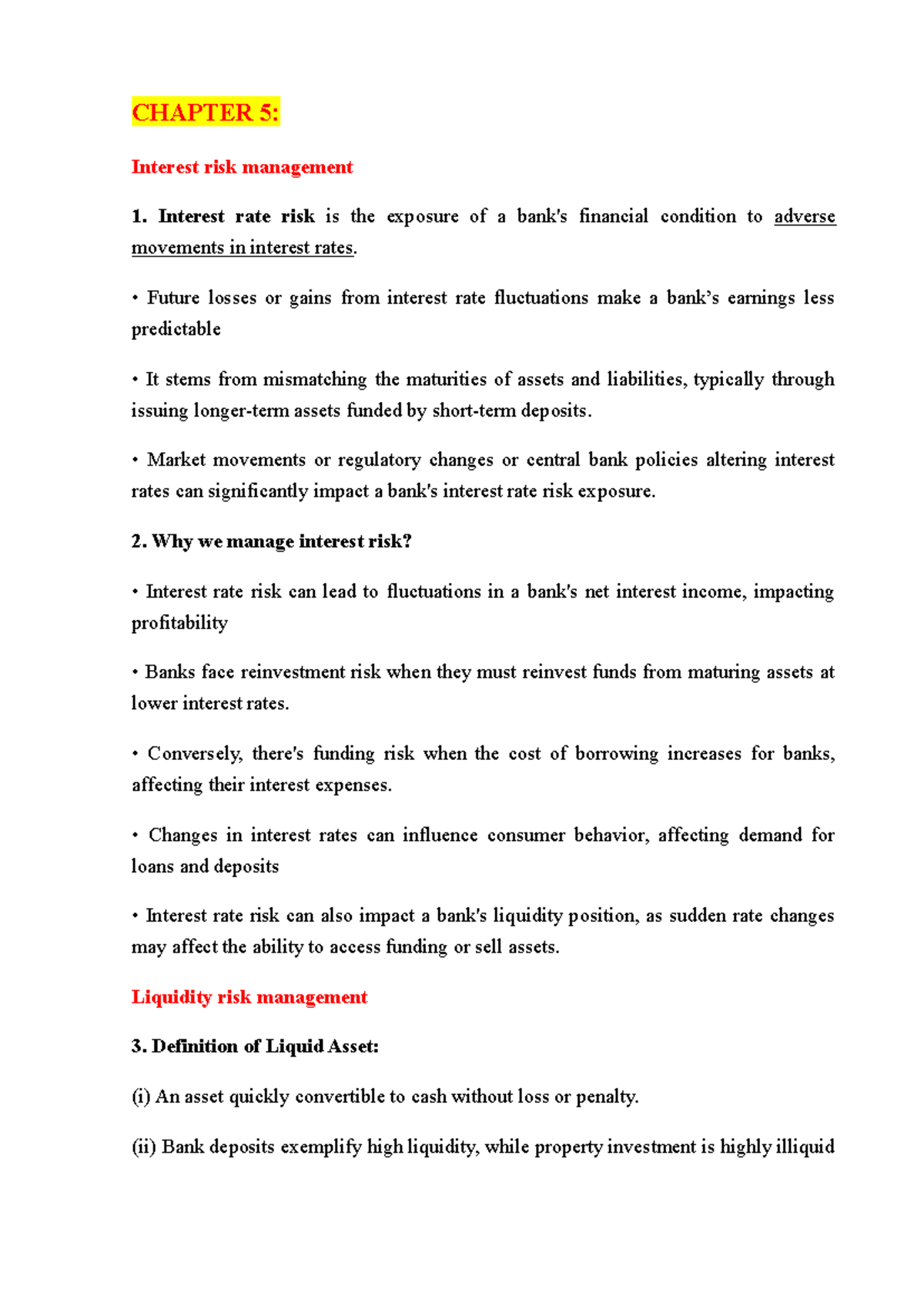 CHAPTER 5: Interest Rate & Liquidity Risk Management Notes - Studocu