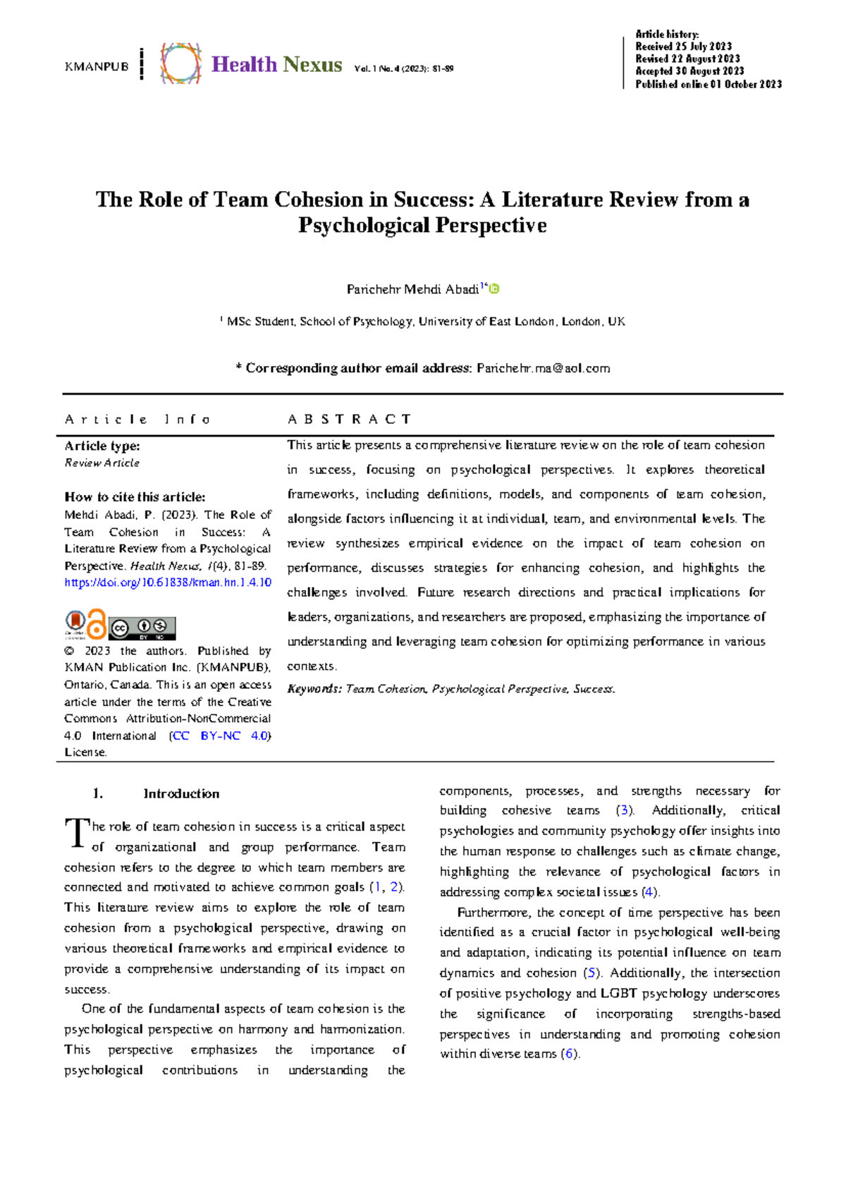 KMANPUB 2023: The Role of Team Cohesion in Success - A Literature ...