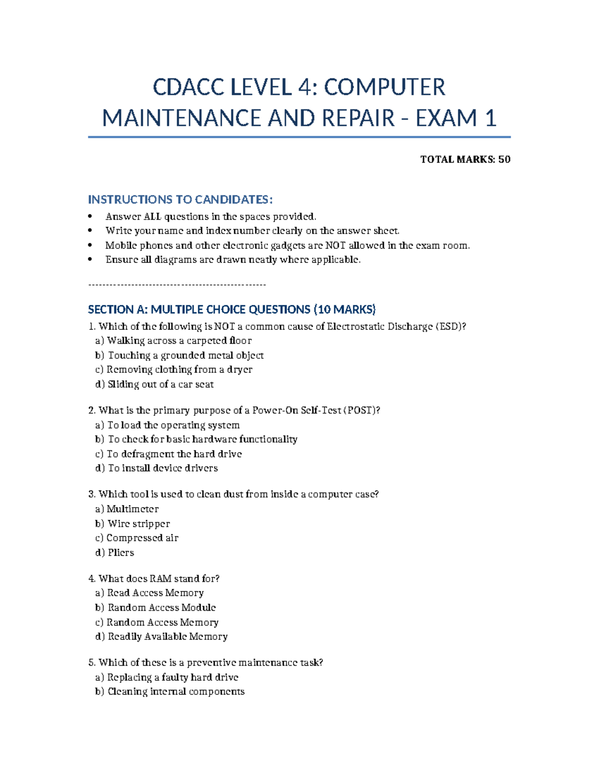 CDACC LEVEL 4: COMPUTER MAINTENANCE EXAM 1 REVIEW NOTES - Studocu
