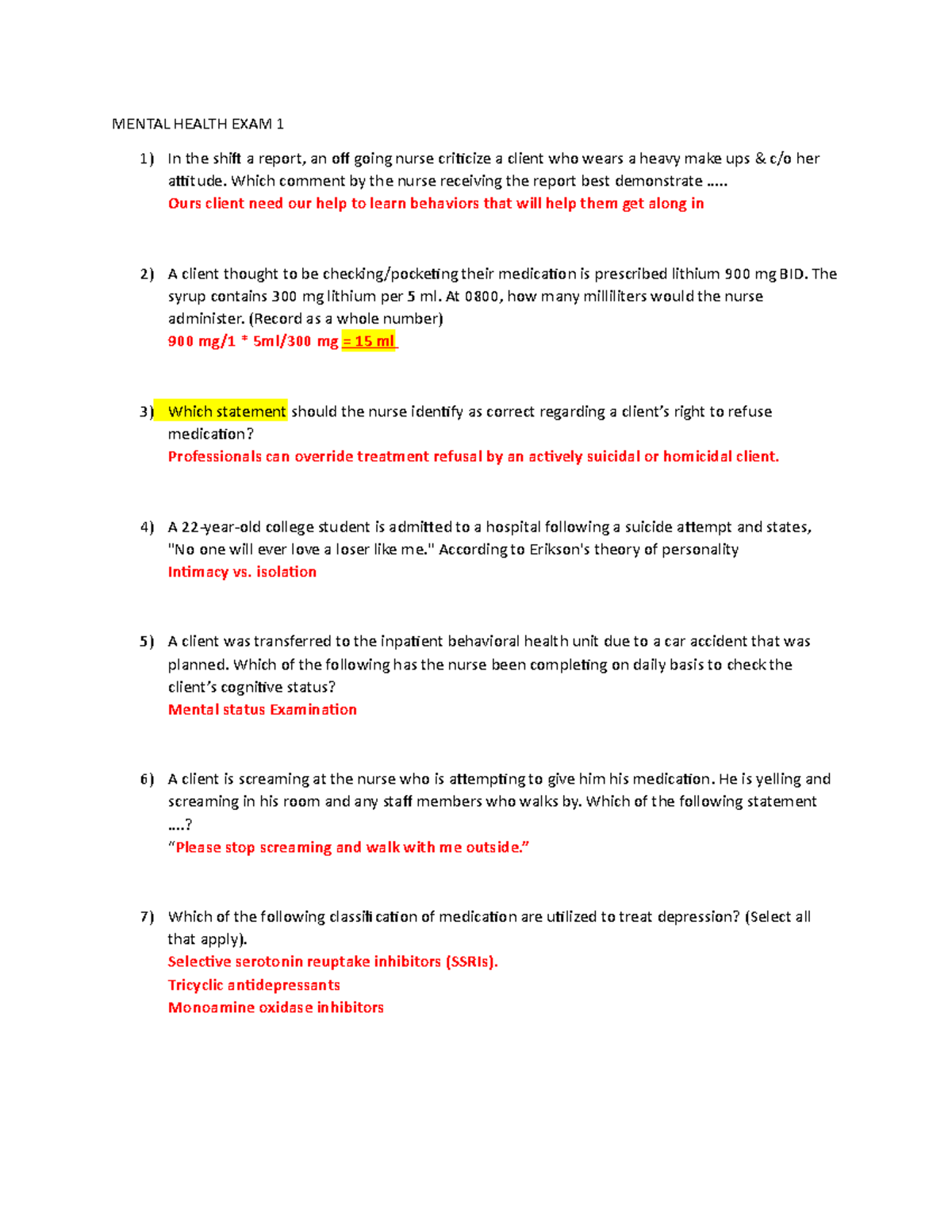 Mental Health Course Exam 1 Review and Key Concepts - Studocu