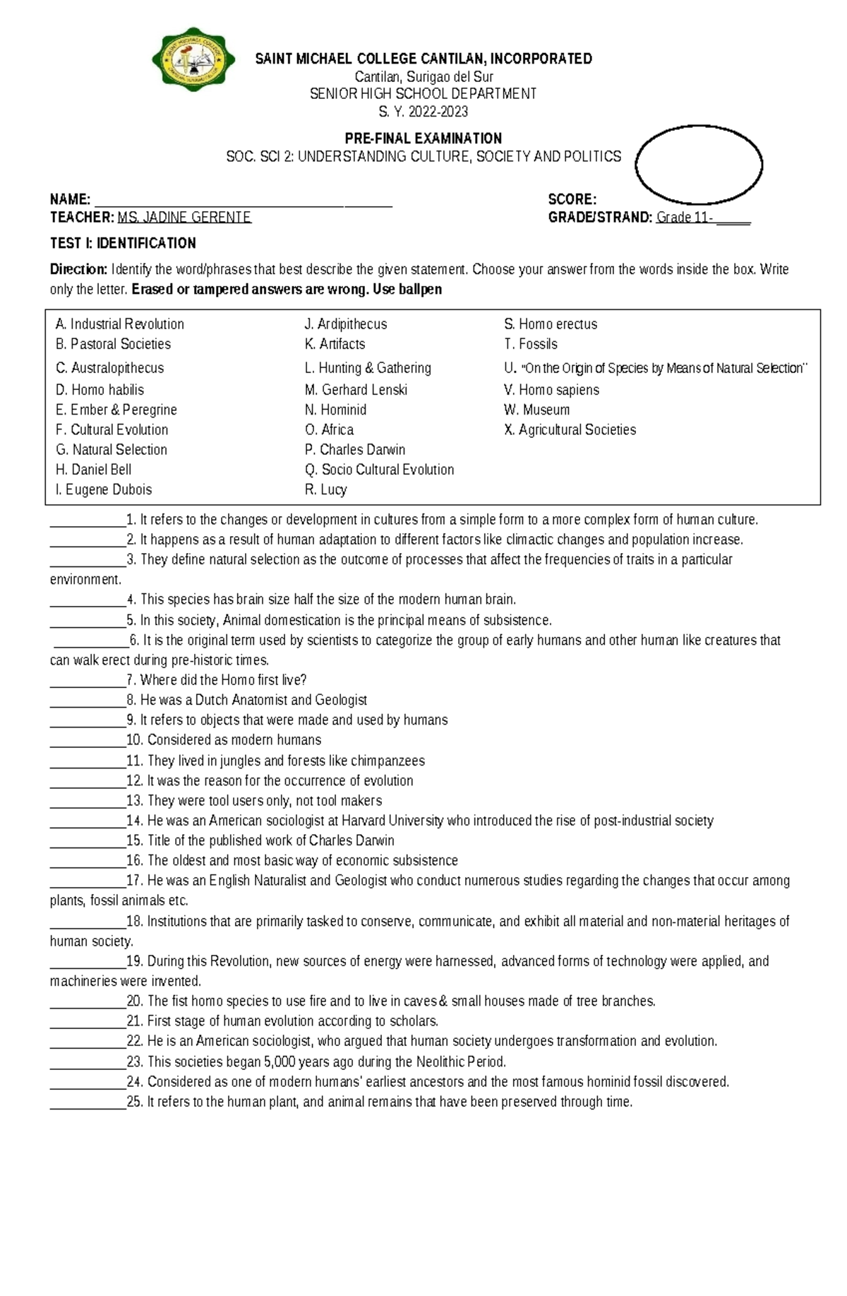 Soc sci 2 pre final - social science - SAINT MICHAEL COLLEGE CANTILAN ...