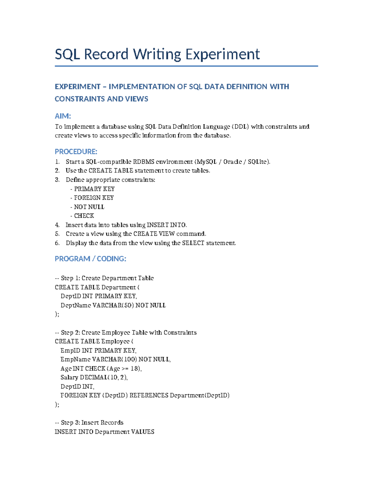 SQL Record Writing Experiment: DDL with Constraints & Views - Studocu