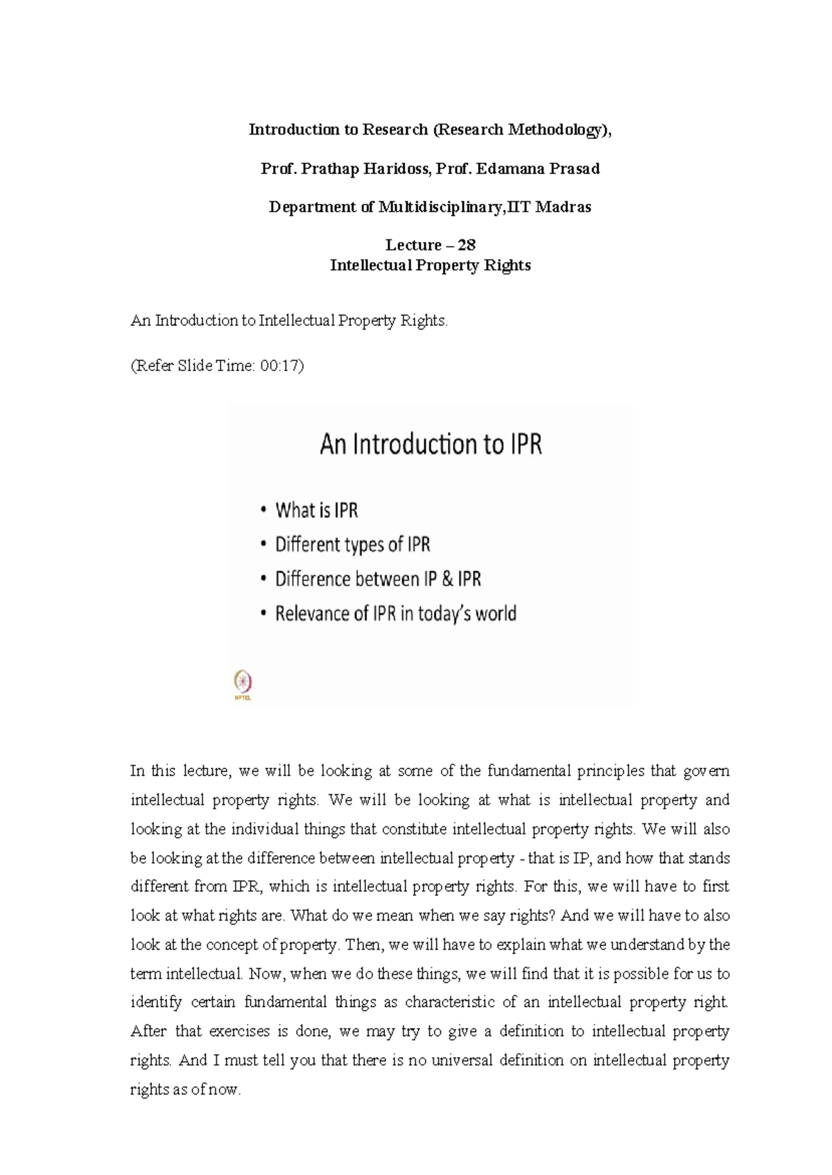 Lecture 28: Introduction to Intellectual Property Rights (RM) - Studocu