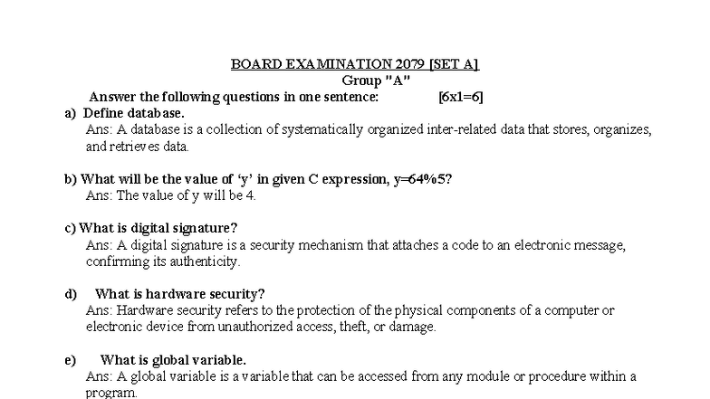 SEE 2079 Computer Science Board Exam Solutions: Group Answers - Studocu