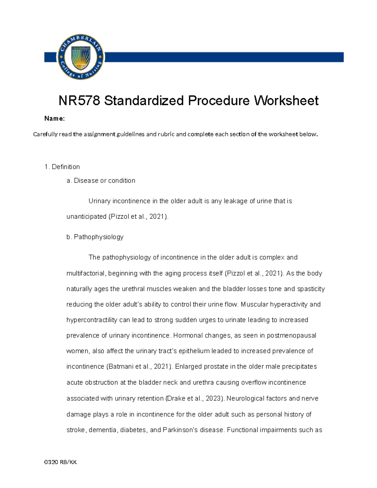 NR578 - Standardized Procedure Worksheet on Urinary Incontinence in ...