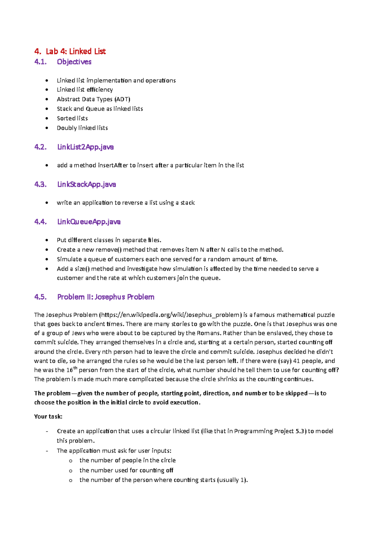 Lab 4: Linked List Implementation & Josephus Problem - Studocu