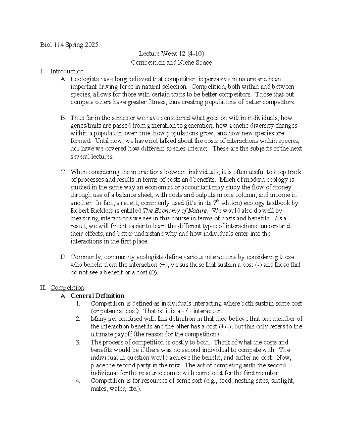 Biol 114 Spring 2025 - Lecture 12: Competition & Niche Dynamics - Studocu