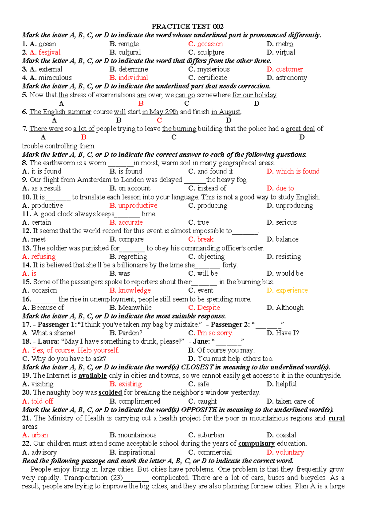 PRACTICE TEST 002: Pronunciation and Grammar Questions - Studocu