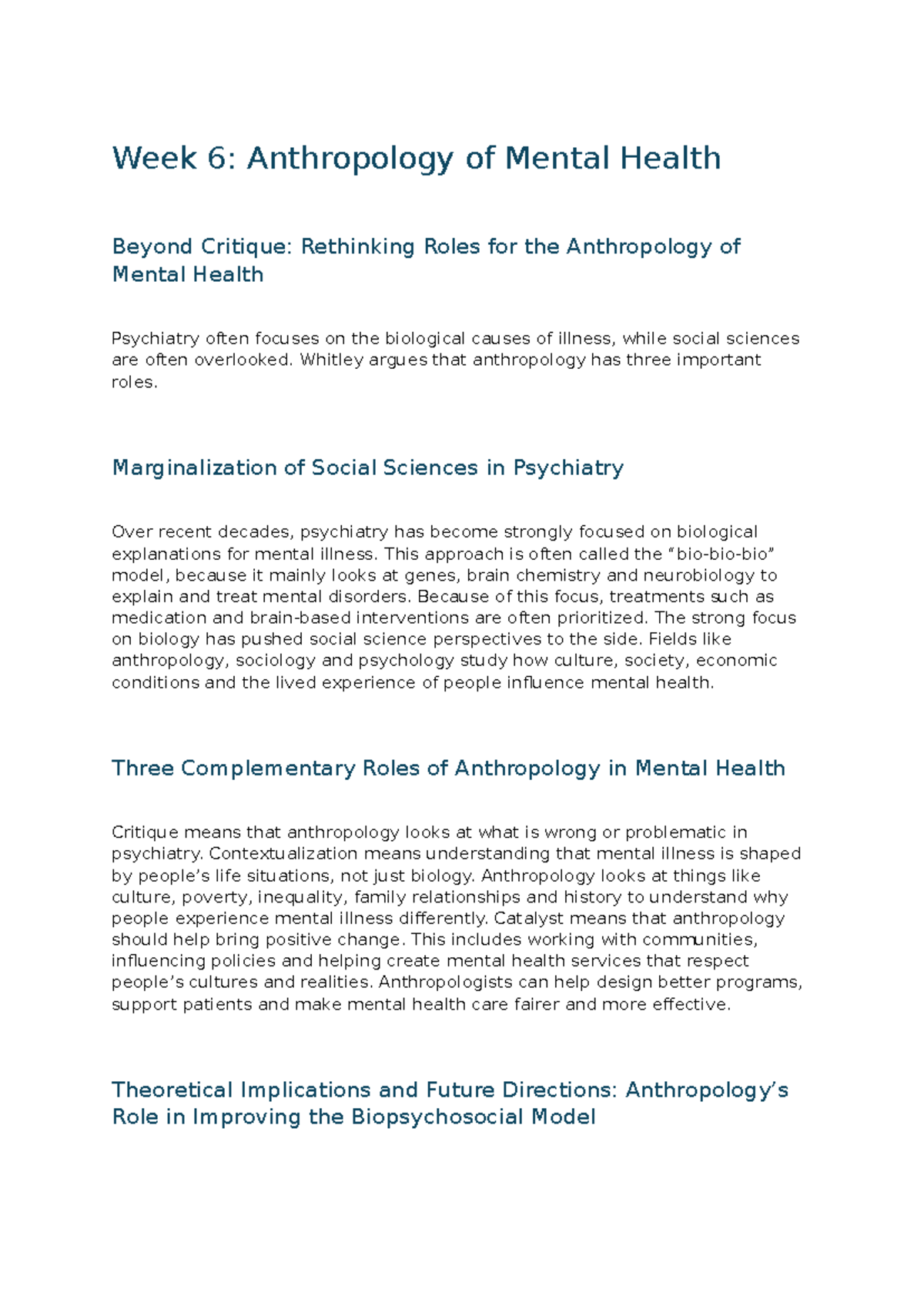 Week 6: Anthropology of Mental Health - Rethinking Roles - Studocu