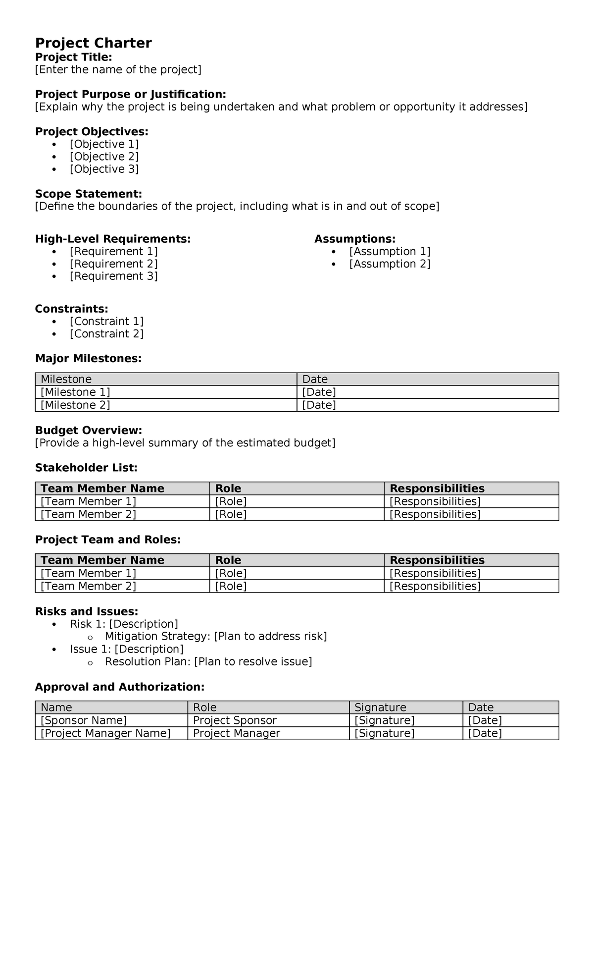 Template - notes - Project Charter Project Title: [Enter the name of ...