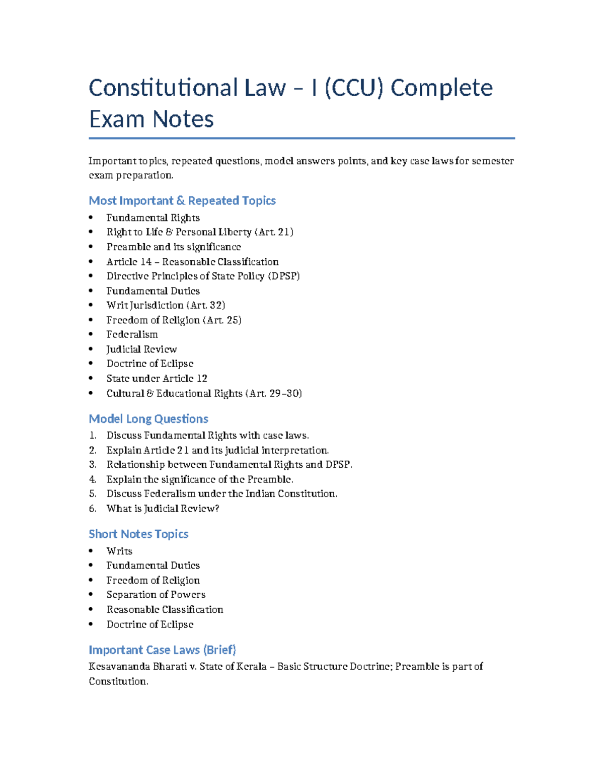 Constitutional Law I (CCU) Exam Notes: Key Topics & Case Laws - Studocu