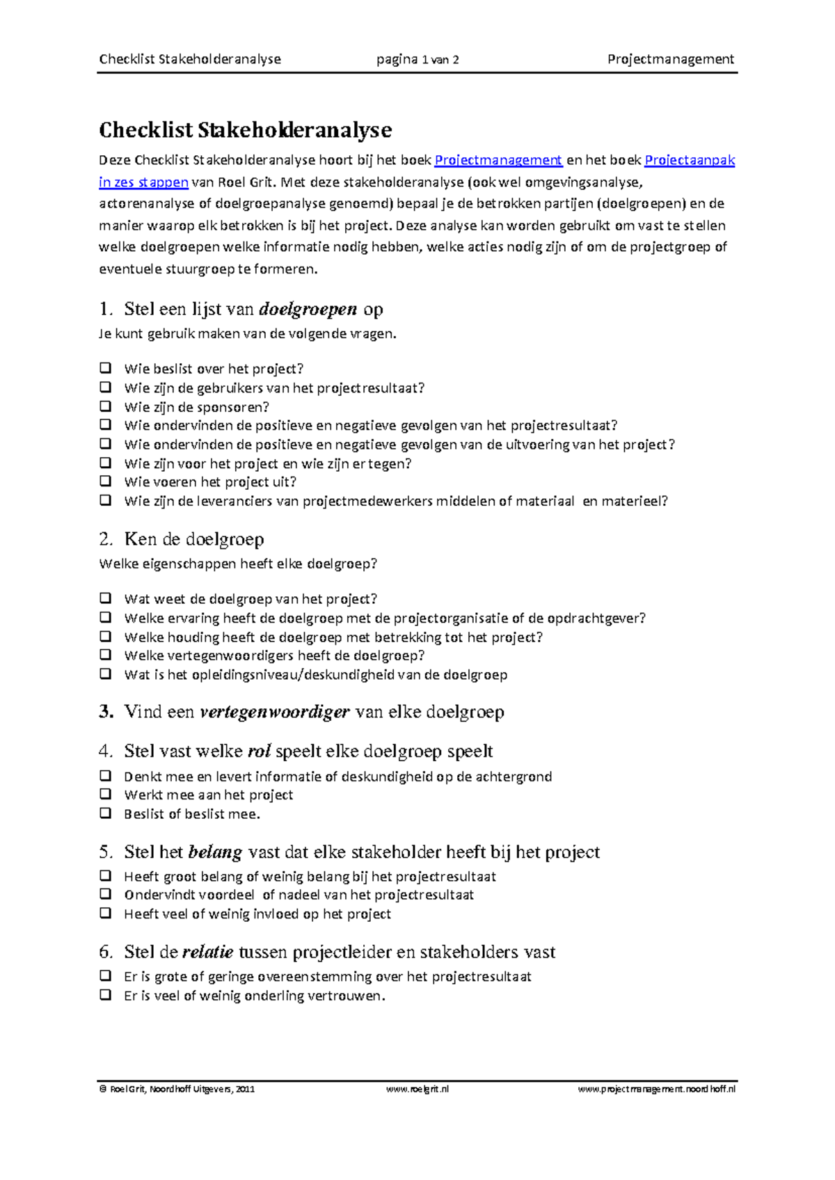 Checklist Stakeholderanalyse voor Projectmanagement (Roel Grit ...