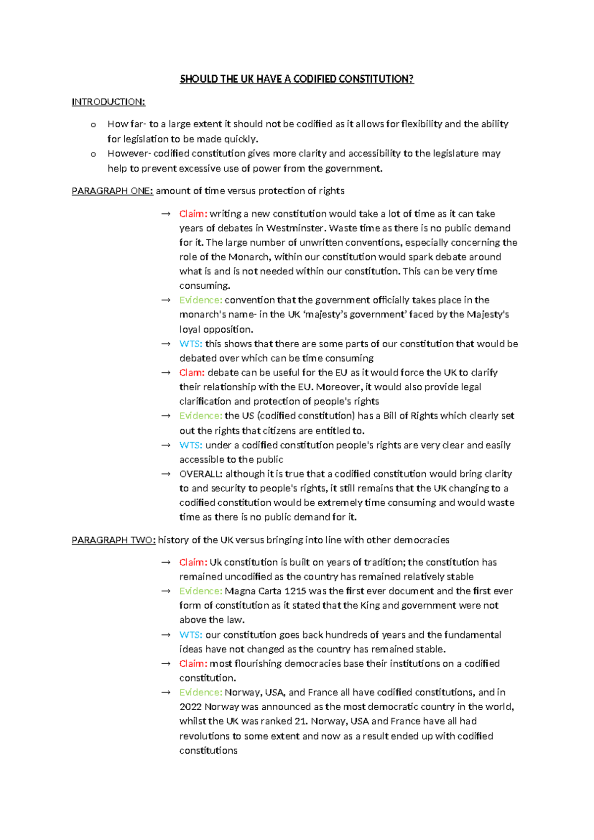 Should the UK Adopt a Codified Constitution? An Analytical Essay - Studocu