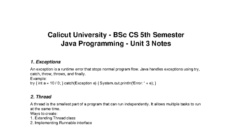 Calicut University BSc CS 5th Sem Java Programming Unit 3 Notes - Studocu