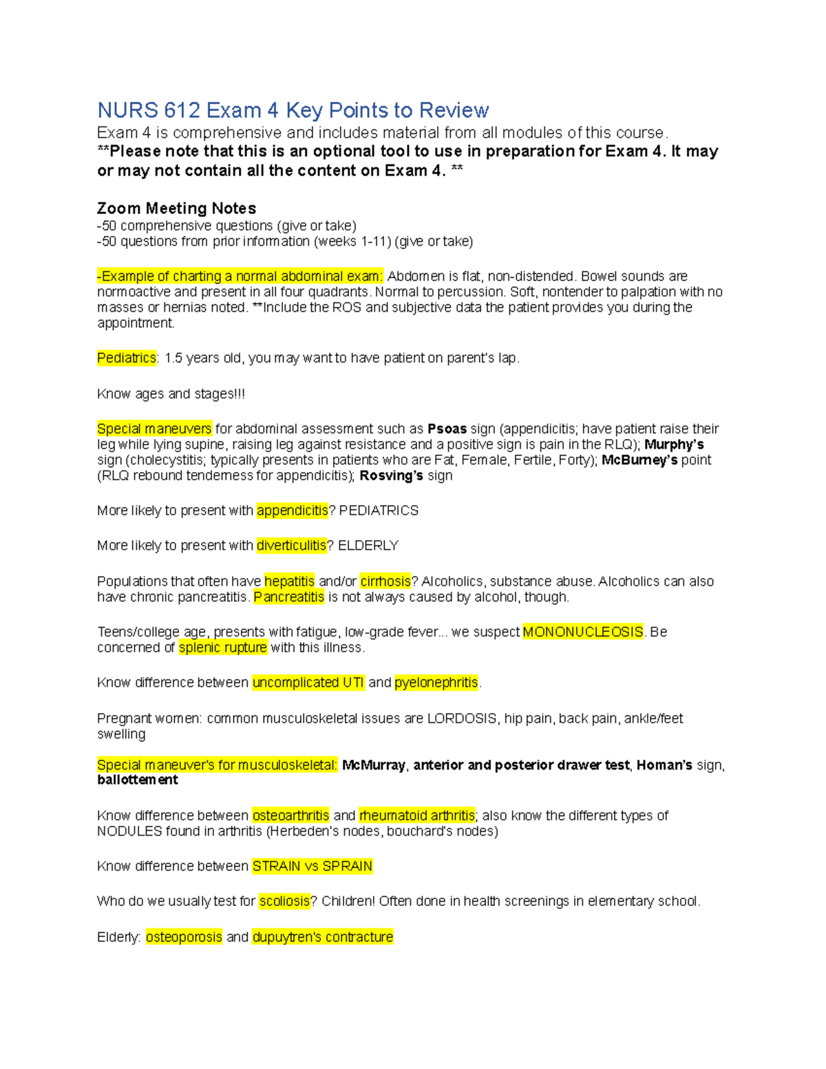 NURS 612 Exam 4 Comprehensive Study Guide and Key Review Notes - Studocu